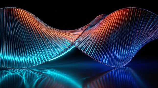 Curved hyperbolic fluted glass background abstract neon glow refraction with cyan orange gradient for enterprise software topology mathematical computing presentation backdrop modern wallpaper banner