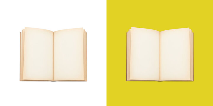 Open blank book with aged pages on dual color split screen