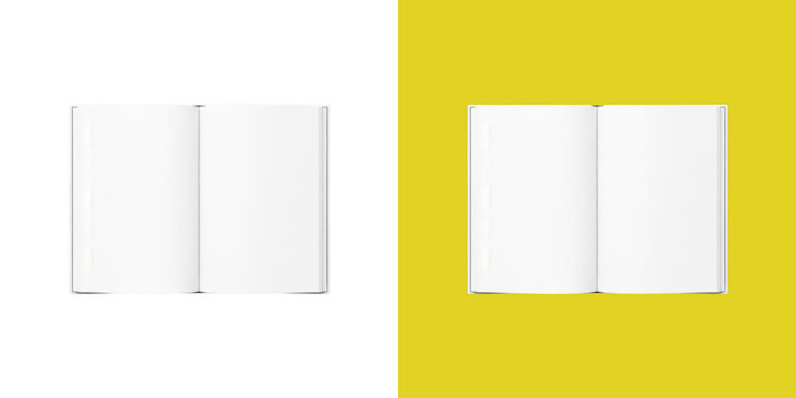 Open blank book with white pages on split dual color surface