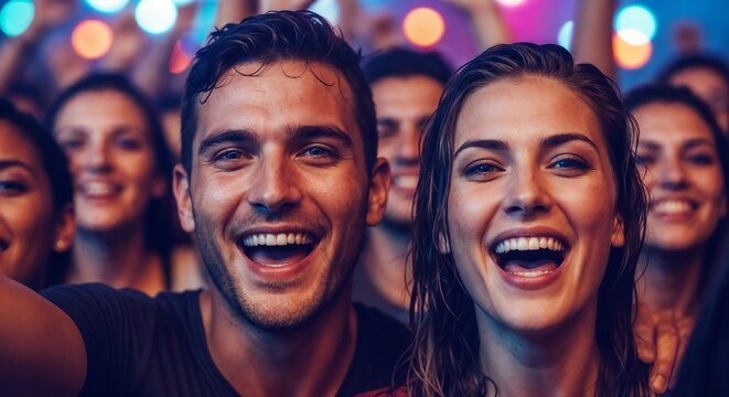 Ecstatic crowd enjoying music and dancing at concert with happy couple in foreground. Ecstatic crowd experiencing vibrant atmosphere with joyful faces and energetic vibes surrounding them.