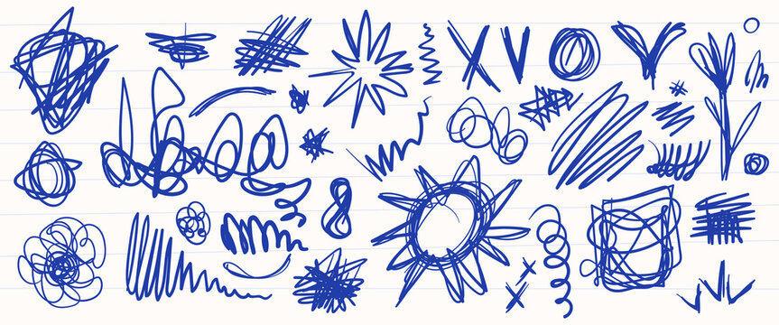 Hand drawn scratches, squiggly pen marks and scribble doodles on lined paper page background. Vector realistic pack of abstract brush strokes, pencil sketches, black marker elements for school design