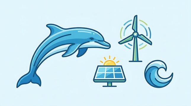 Renewable energy icons featuring dolphin and solar power.