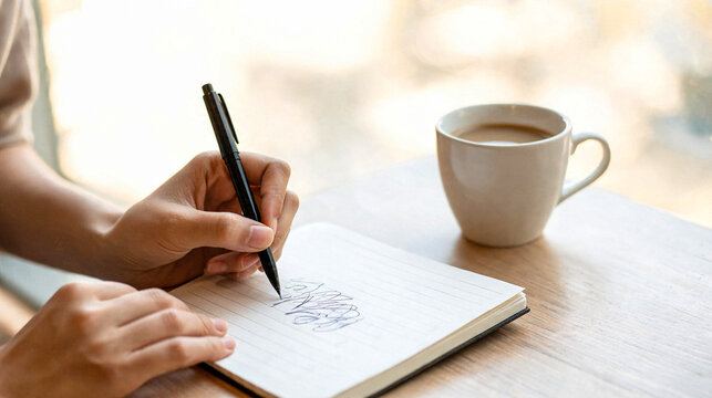 Person's hands scribbling in a notebook with a pen next to a cup of coffee on a wooden table, creative process.