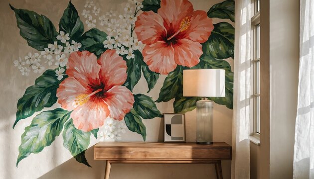Large painted floral hibiscus mural on interior wall with wooden console table and lamp