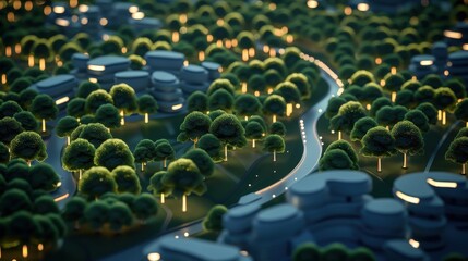 Obraz premium Aerial view of a smart city with interconnected network of glowing trees, serving as both natural air purifiers and 5G signal transmitters