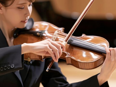 木製のバイオリンを顎に添えて真剣な表情で弦を引く女性の演奏シーン