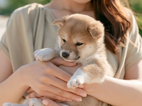 腕の中で大人しく寄り添う可愛い柴犬の子犬を優しく抱きしめる女性