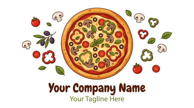 Delicious Pizza Cartoon Illustration with Ingredients and Company Branding Space