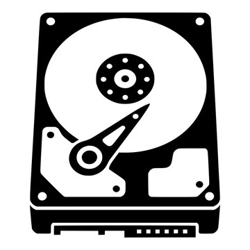 Open Hard Disk Drive with Platter and Actuator Arm, Black Silhouette