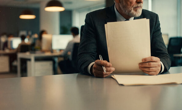Senior Businessman Carefully Reviewing Paperwork in Office, Serious Professional Evaluation Concept