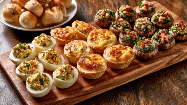 Assorted hot and cold party appetizers with deviled eggs mini quiches stuffed mushrooms and bread rolls on wooden board
