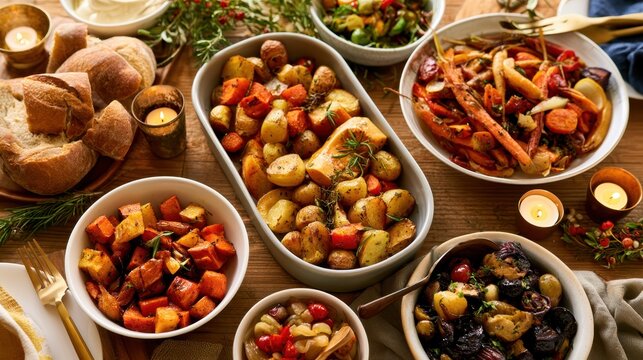 Festive holiday table with multiple bowls of roasted potatoes carrots sweet potato bread rolls herbs and tealight candles
