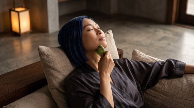Serene woman using jade gua sha tool for facial massage at home
