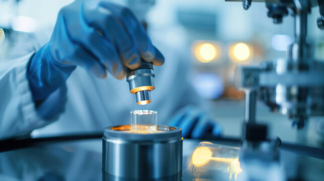 Close-up Chemical Vapor Deposition machine in high-tech laboratory. Process of diamond synthesis, with technician carefully monitoring equipment to ensure precision in creation of lab-grown gemstones