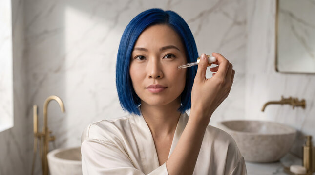 Focused woman applying eye serum dropper in marble bathroom