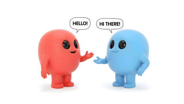 Red and blue cute characters talking and saying hello