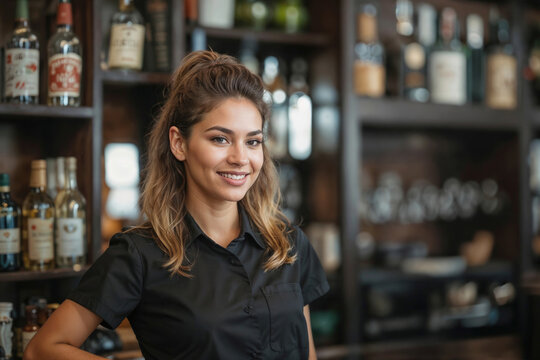 Portrait of happy waitress young woman at bar restaurant in hotel