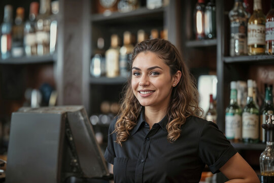 Happy bartender young woman in cash-register at bar restaurant