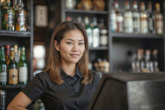 Portrait of bartender young Asian woman in cash-register at bar hotel