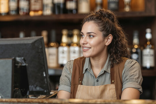 Barista smiles warmly at a customer. Curly hair bounces gently in her apron. Bottles line the shelves behind the counter. Screen glows softly beside her workstation