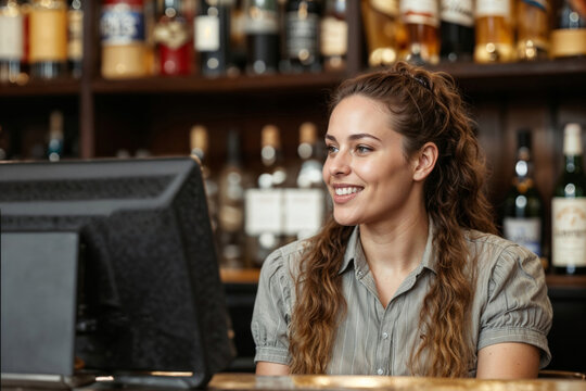 Warm smile graces a friendly bartender woman. Curling hair frames her cheerful expression. Bar counter holds a sleek monitor. Shelves behind her brim with assorted bottles
