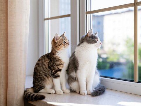 窓辺に仲良く並んで座り一緒に外の様子を見つめる二匹の猫