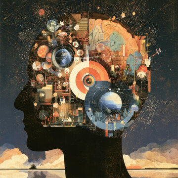 Surreal conceptual artwork profile silhouette of human head filled with intricate mechanical gears planet Earth brain details cosmic knowledge mind power creative thinking surrealism art photo