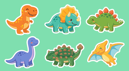 Colorful dinosaur sticker set collection featuring cute prehistoric creatures designed in a flat vector graphic style for kids educational projects © Ibnu Gazali