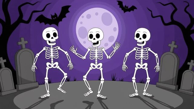 Funny skeletons dancing in graveyard with full moon halloween animation