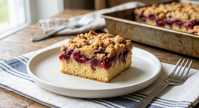 Fresh homemade cherry crumble cake slice on a white plate over a rustic wooden table, featuring a golden topping and juicy berry layer in a bright kitchen setting.
