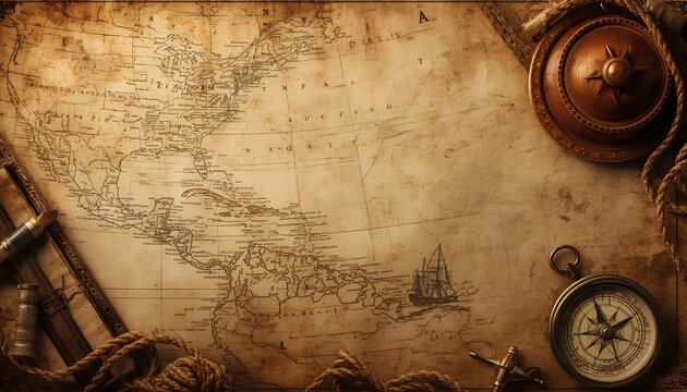 Vintage antique map with old compass on aged parchment paper, retro travel and navigation concept with grunge texture, brown tones, rope, direction, journey and adventure theme