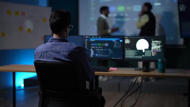 A developer seen over the shoulder at his desk watches two colleagues work through the agent architecture on the big projection at the far wall in a dark tech office.