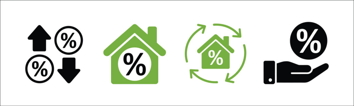 Mortgage, interest rate, and real estate finance icons, home loan percentage symbols, property lending and payment vector illustration set.