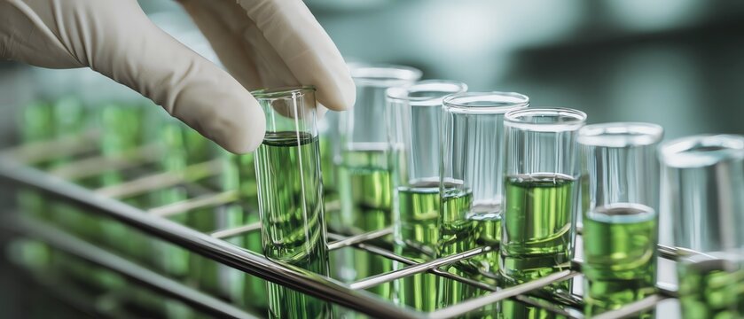 Test tubes with green liquid in a laboratory.