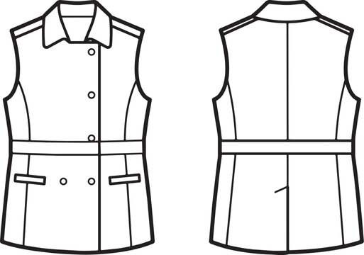 Trench Vest Technical Flat Front and Back Sleeveless Apparel Vector