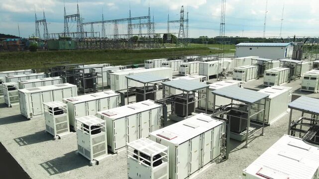 Large scale BESS with containerized lithium ion batteries for energy storage at a renewable power plant, featuring an electrical substation and transmission towers in the background