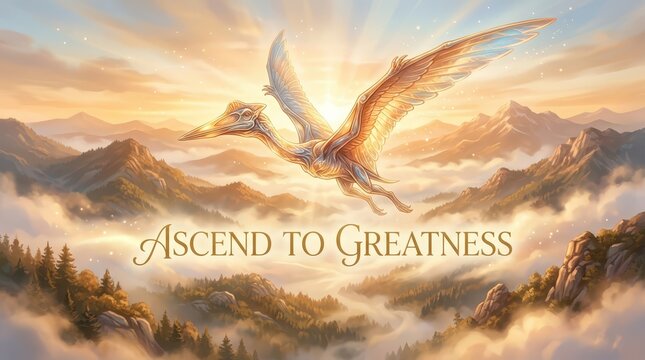 Majestic Pterodactyl Ascending to Greatness Above Misty Mountains at Sunrise