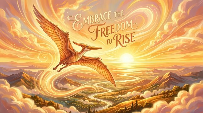 Majestic Pterodactyl Soars Through Golden Sunset Sky, Embracing Freedom to Rise Over Mountainous Landscape
