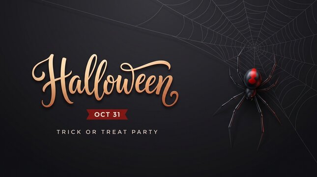 A Halloween party invitation with a black widow spider and spiderweb on a dark background