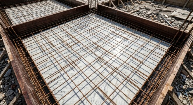 Steel rebar mesh reinforcement over white marble tiles inside wooden formwork at a building construction site, ready for foundation concrete pouring and structural development.