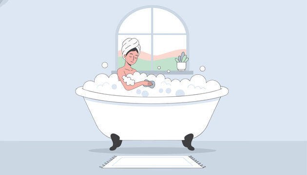 Relaxed woman wearing head towel enjoys cozy bubble bath with sponge in vintage clawfoot tub near window.