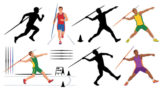 Set of vector collection featuring different styles of javelin throw athletes and competition action scenes, including running approaches, spear carrying, throwing preparation