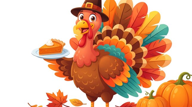 Cartoon turkey wearing a pilgrim hat holding a slice of pumpkin pie for a thanksgiving celebration