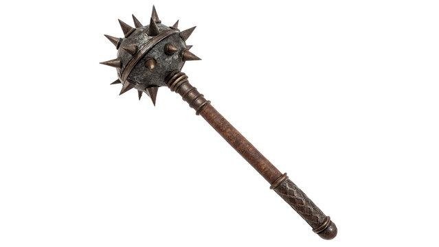 Ancient medieval iron flail mace weapon with spiked ball and wooden handle artifact
