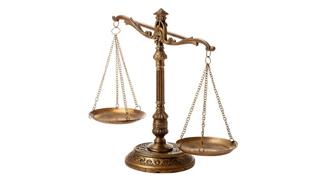Traditional brass balance scales of justice isolated legal or financial measurement instrument