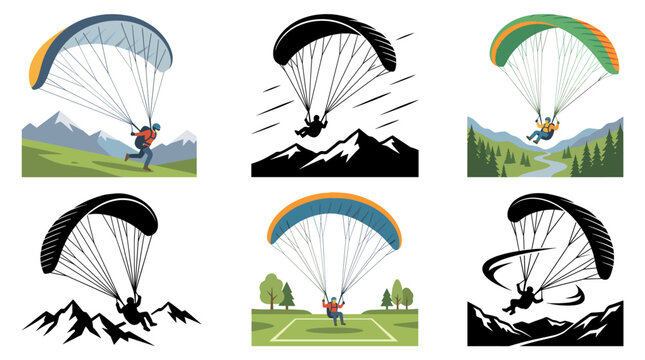 Professional vector collection featuring different styles of paragliders and aerial adventure scenes, including takeoff, soaring, gliding, turning, landing, and dynamic airborne poses above mountains