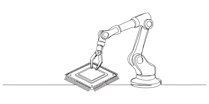 Industrial robotic arm picking up a microchip computer processor component for automated assembly line manufacturing process in a simple black and white line art illustration design style