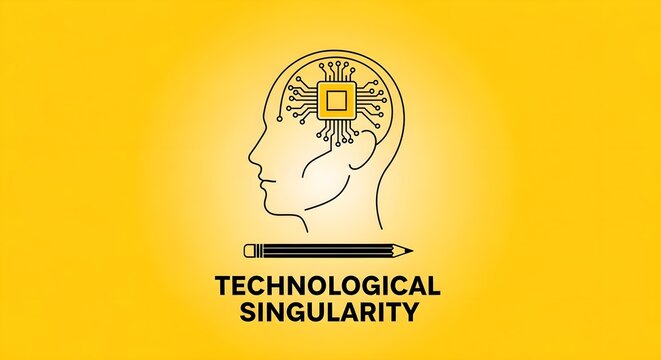 Technological singularity vector concept. Human profile with microchip brain circuit, pencil, and text on yellow background. Future artificial intelligence, education, and learning template.