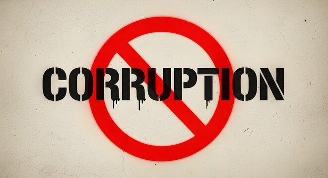 Stop corruption concept sign. Red prohibition symbol over black stencil text with paint drips. Vector graphic for anti-corruption campaigns, political ethics, and law enforcement.