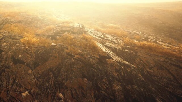Bright sunlight spreads across rugged rocks and patches of dry grass. The scene shows a natural landscape at dusk with earthy tones and shadows.
